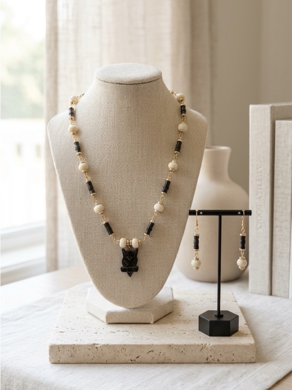 Elegant Black and Cream Bone Beaded Necklace with Owl Pendant & Earrings Set